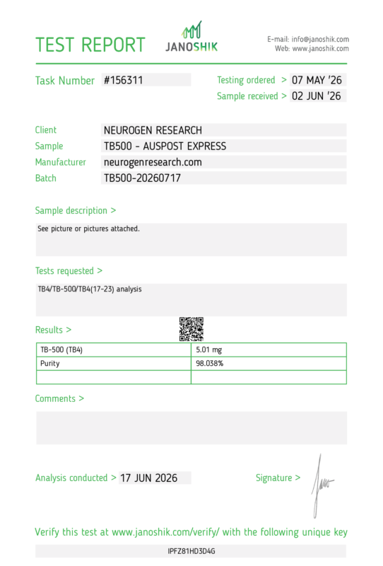 TB 500 Neurogenresearch COA 99% purity Australian peptides